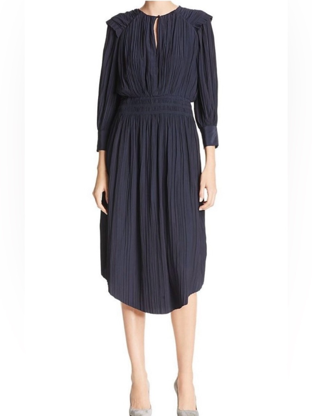 Joie Midnight Navy Pleated V-Neck Midi Dress